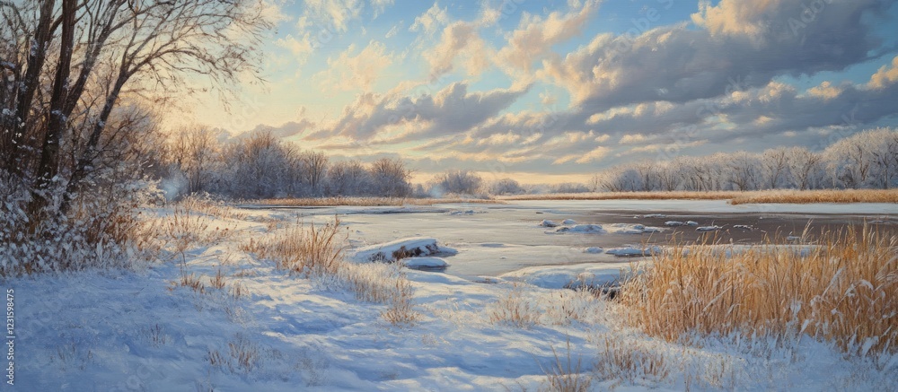 Serene winter landscape featuring a frozen river surrounded by snow-covered banks and soft golden sunlight illuminating fluffy clouds above. Serene winter landscape featuring a frozen river surrounded by snow-covered banks and soft golden sunlight illuminating fluffy clouds above.