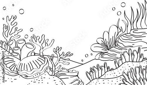Hand drawn undersea background. Black and white line art drawing of coral reef with seaweed. Outline illustration of underwater beach
