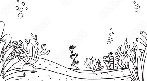 Hand drawn undersea background. Black and white line art drawing of coral reef with seaweed. Outline illustration of underwater beach