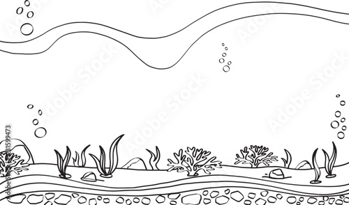 Hand drawn undersea background. Black and white line art drawing of coral reef with seaweed. Outline illustration of underwater beach