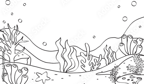 Hand drawn undersea background. Black and white line art drawing of coral reef with seaweed. Outline illustration of underwater beach