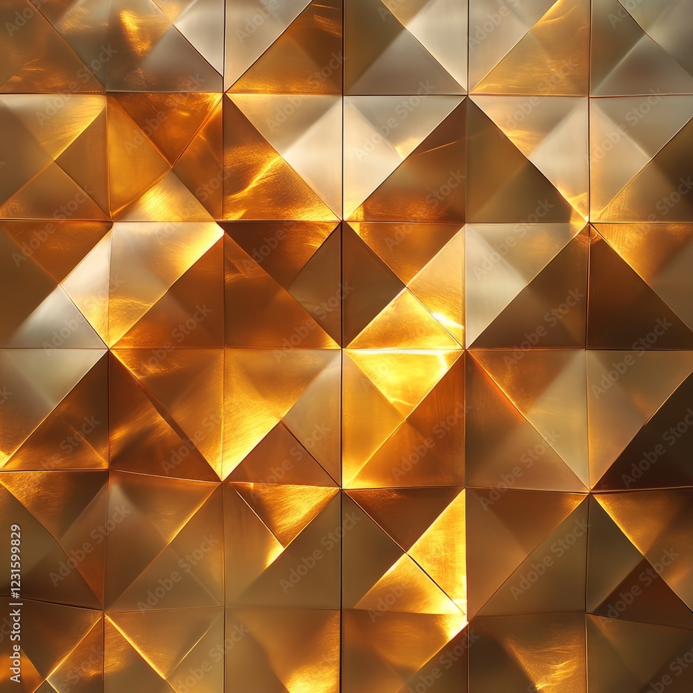 Obraz premium A close-up view of a geometric pattern featuring shiny gold metallic triangles, offering a modern and luxurious aesthetic.