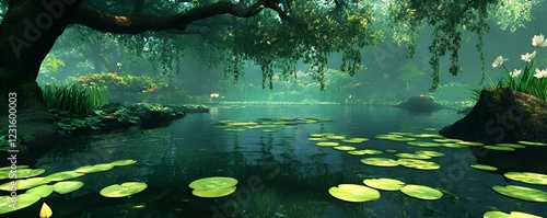 Serene background of a tranquil garden pond with lily pads and soft reflections of overhanging trees