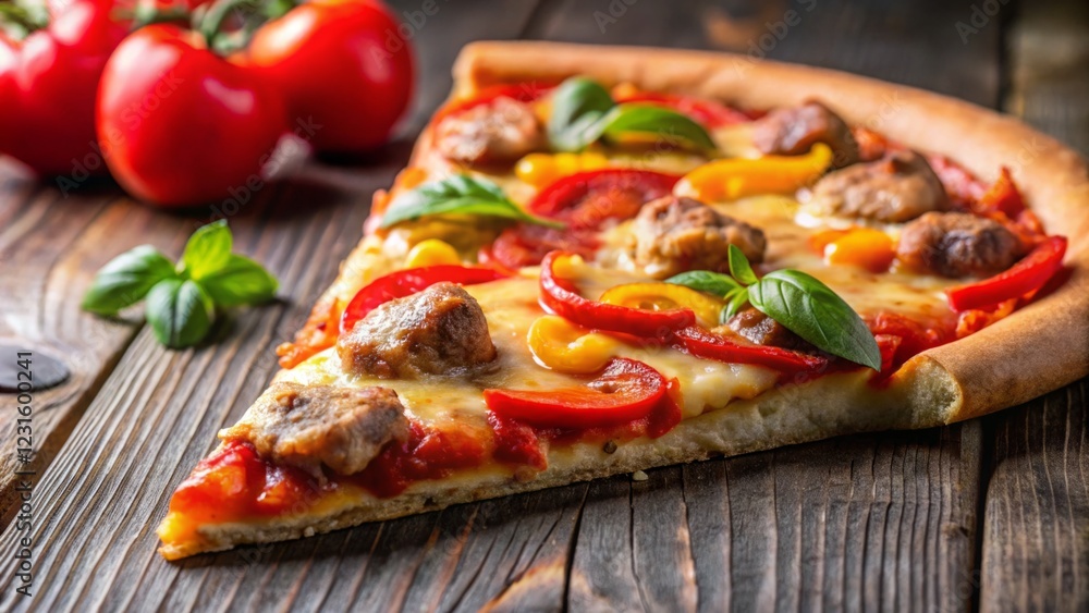Delicious Slice of Pizza with Fresh Ingredients on Wooden Table Delicious Slice of Pizza with Fresh Ingredients on Wooden Table