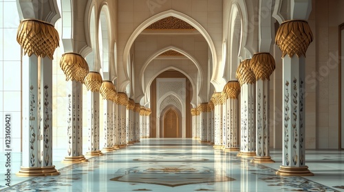 a mosque hallway with pillars. copy space photo of Islamic architecture