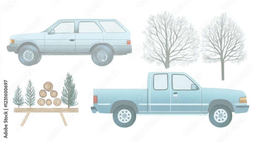 Naklejka premium Winter scene depicting two vehicles, trees, and a woodpile