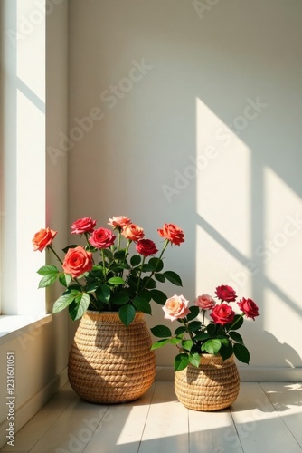 Sunlit floral arrangement in woven baskets against a white wall
