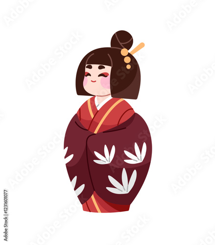 Kokeshi, Asian figurine of girl in kimono. Icon of Japanese statuette of woman in traditional oriental dress. Cute doll of geisha in Japan, Asia. Flat isolated vector illustration on white background