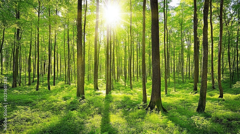 Fototapeta premium Sunlit Green Forest Trees Canopy Lush Undergrowth