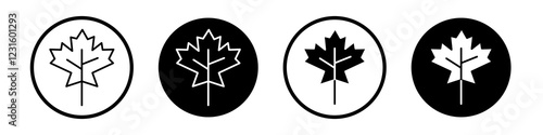 Maple leaf icon collection in black and white filled and outlined style for web.