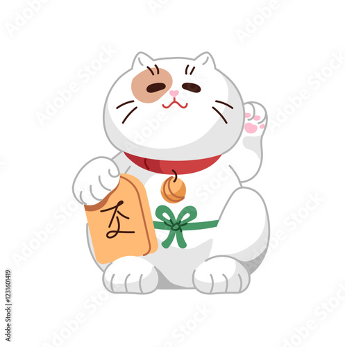 Japanese Maneki neko with golden coin. Statuette of lucky cat with raised paw. Traditional Asian figurine, souvenir. Fortune in Japan culture. Flat isolated vector illustration on white background