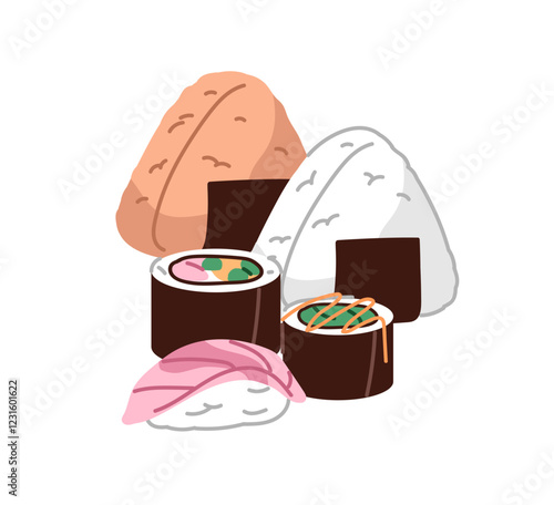 Icon of sushi, onigiri. Food of Japanese cuisine. Rice rolls with salmon. Asian snacks with fish. Traditional dish in seafood restaurant in Japan. Flat isolated vector illustration on white background