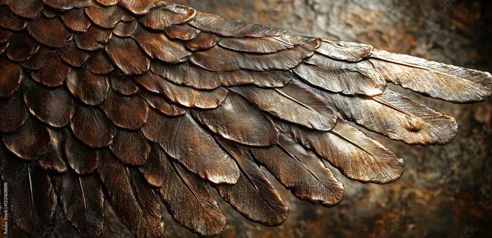 Bronze Bird Wing: A captivating close-up of a bronze sculpture depicting a bird's wing. The intricate details of the feathers create a stunning texture, showcasing the beauty of both nature and art. Bronze Bird Wing: A captivating close-up of a bronze sculpture depicting a bird's wing. The intricate details of the feathers create a stunning texture, showcasing the beauty of both nature and art.