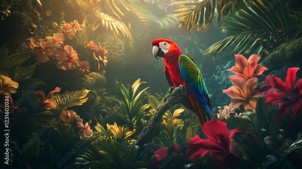 custom made wallpaper toronto digitalScarlet Macaw perched on branch in lush rainforest, sunlight filtering through leaves. Tropical bird, wildlife, nature photography, ideal for travel brochures