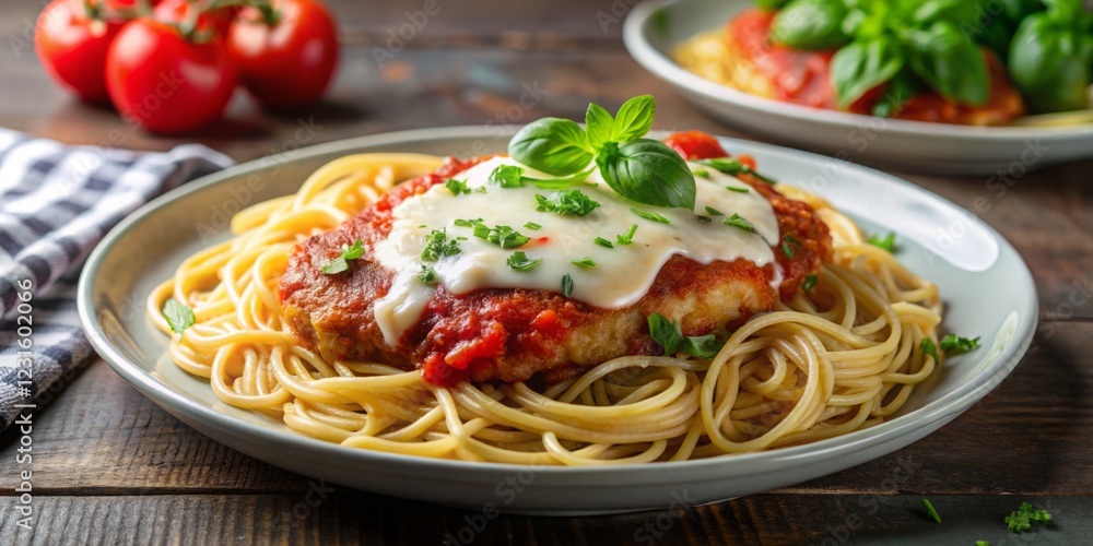 Delicious Chicken Parmesan on Spaghetti with Fresh Basil and Sauce Delicious Chicken Parmesan on Spaghetti with Fresh Basil and Sauce