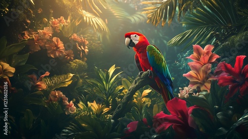 Wallpaper Mural Scarlet Macaw perched on branch in lush rainforest, sunlight filtering through leaves. Tropical bird, wildlife, nature photography, ideal for travel brochures Torontodigital.ca