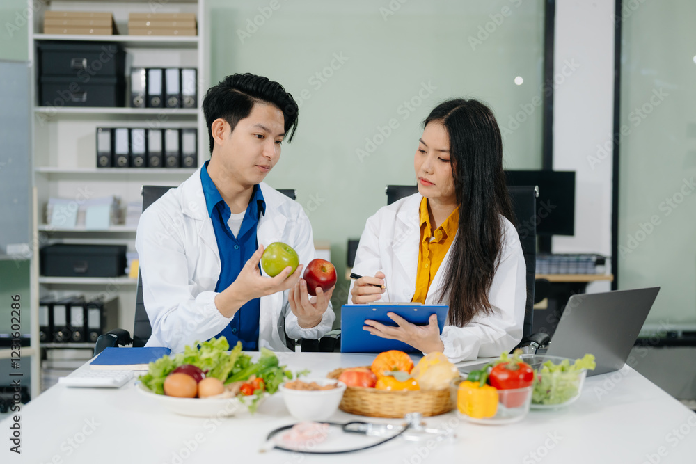 Nutritionists consulting on healthy food choices, meal planning, and wellness concepts Nutritionists consulting on healthy food choices, meal planning, and wellness concepts