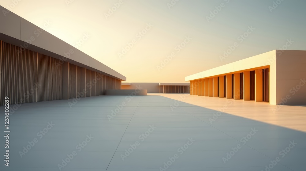 Fototapeta premium Minimalist architecture with a golden sunset light casting long shadows on the floor