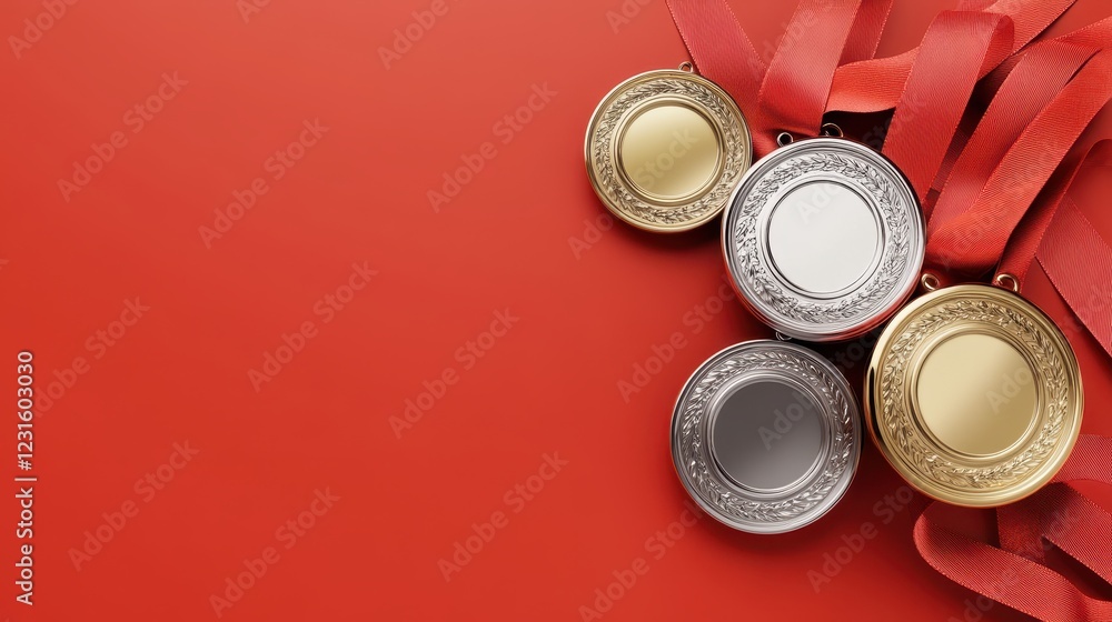 3D gold medal for first place,Champion and winner awards medal set with red ribbon,Generative AI,3D render. 3D gold medal for first place,Champion and winner awards medal set with red ribbon,Generative AI,3D render.