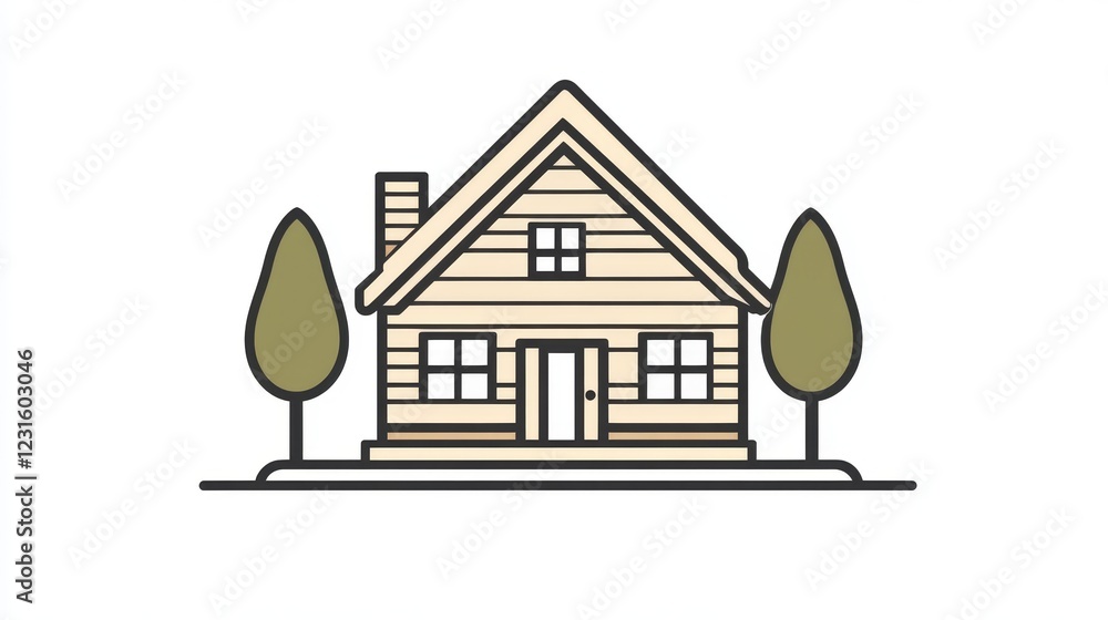 This minimalist illustration features a simple house design with trees, creating a serene and inviting atmosphere. Perfect for various creative projects.