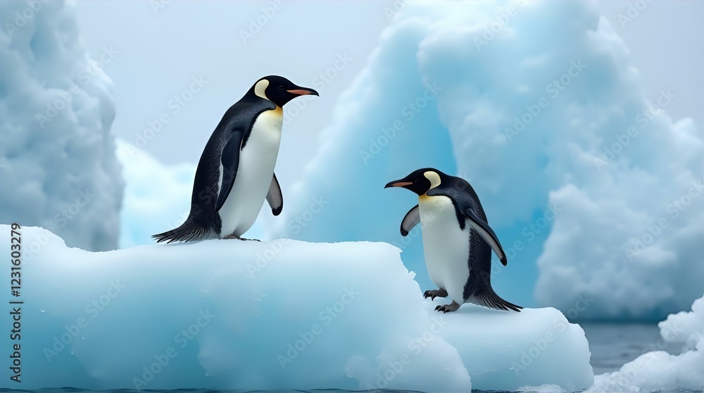 Naklejka premium Two Majestic Emperor Penguins on Icebergs in Antarctica Stunning Wildlife Photography Breathtaking Winter Landscape Scene Polar Animals Nature Image