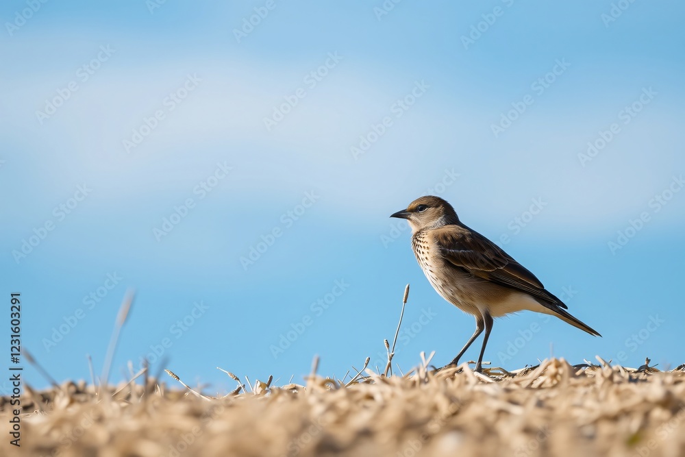 Obraz premium A charming small bird stands gracefully on a golden field under a bright blue sky, exuding peace and natural beauty.