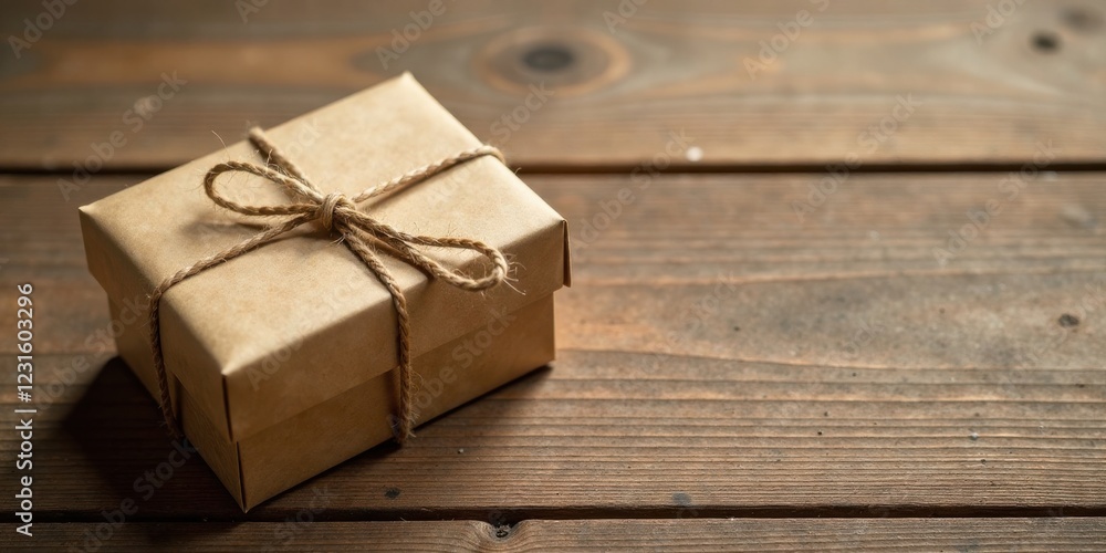 A small, rustic gift box tied with twine sits on a wooden surface A small, rustic gift box tied with twine sits on a wooden surface