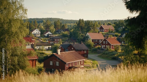 Red wooden houses nestled in a serene hillside village photo