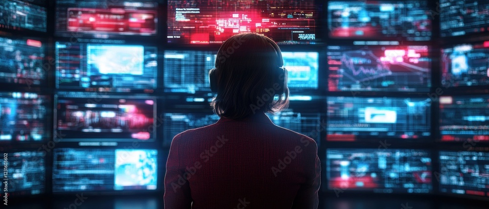 A person monitors multiple screens displaying data and graphics in a dark environment, suggesting a high-tech or surveillance setting. A person monitors multiple screens displaying data and graphics in a dark environment, suggesting a high-tech or surveillance setting.