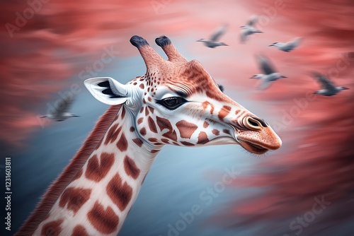 Giraffe portrait, birds flying, sunset sky, wildlife art photo