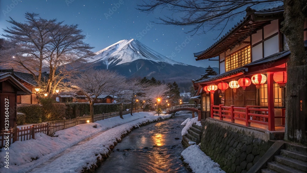 Naklejka premium Serene Kyoto Night with Glowing Lanterns, Snow, Canal, and Mount Fuji