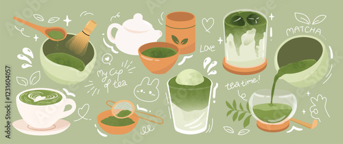 Green tea matcha element design with cute doodle decoration. Set of healthy beverage, matcha latte, whisk, kettl, matcha recipe. Vector illustration for logo, promotion, marketing, package, tutorial.