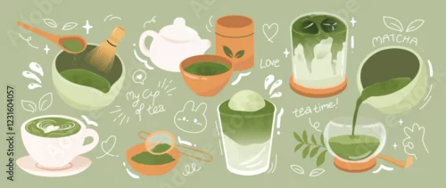 Obraz Green tea matcha element design with cute doodle decoration. Set of healthy beverage, matcha latte, whisk, kettl, matcha recipe. Vector illustration for logo, promotion, marketing, package, tutorial.