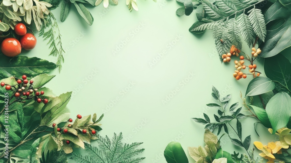 Fototapeta premium Green Leafy Frame with Fresh Red Berries and Vibrant Foliage