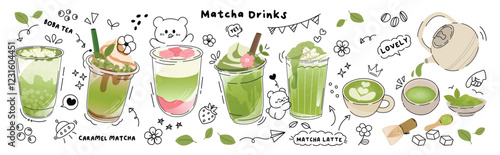 Green tea matcha drinks element design with cute doodle decoration. Set of healthy beverage, matcha latte, ice cream, whisk, kettle. Vector illustration for logo, promotion, marketing, package, ads.