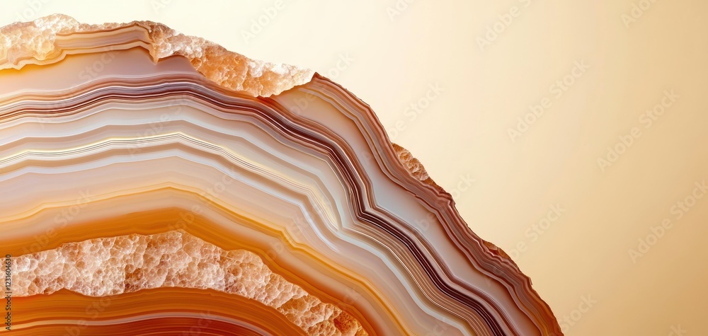 High-detail macro shot of an agates layered structure with orange and brown gradients, creating a striking contrast on a pale yellow canvas High-detail macro shot of an agates layered structure with orange and brown gradients, creating a striking contrast on a pale yellow canvas