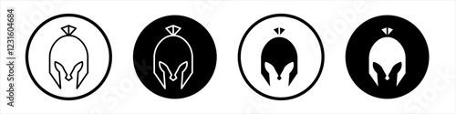 Spartan Helmet icon collection in black and white filled and outlined style for web.