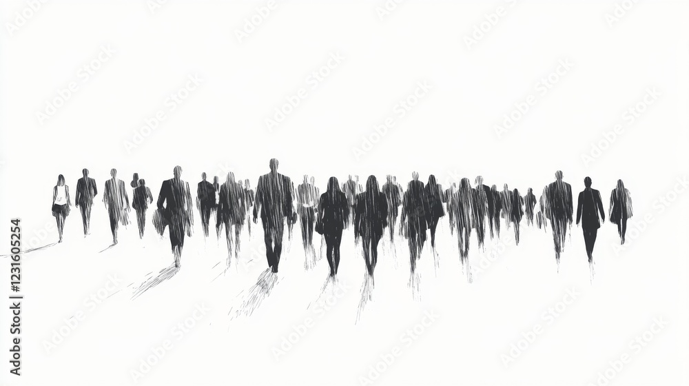 Naklejka premium Monochrome sketch of many people walking away.