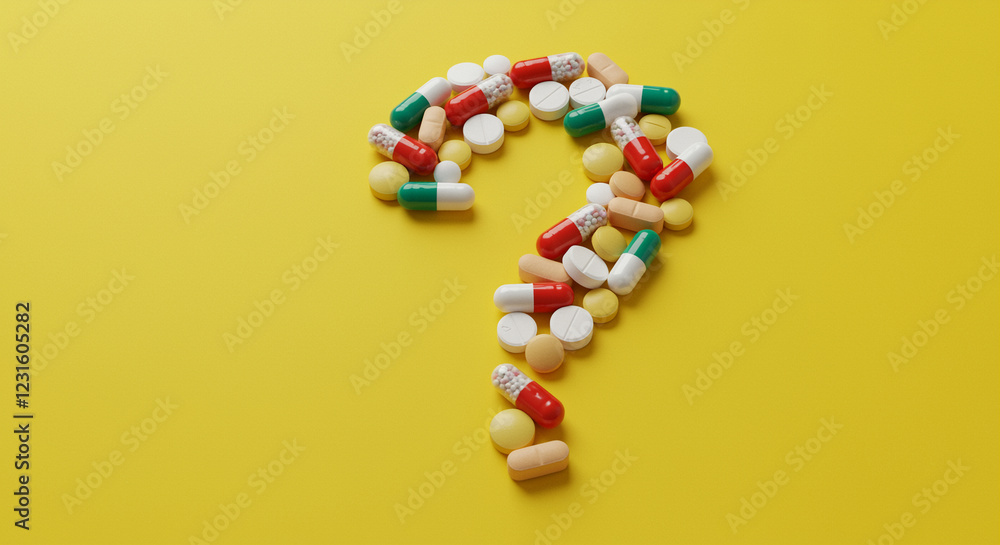 Pills forming question mark on yellow background. Question mark made of pills. Pills in question shape Pills forming question mark on yellow background. Question mark made of pills. Pills in question shape