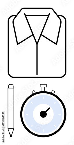 Shirt symbolizing professionalism, pen representing writing and ideas, stopwatch indicating time management. Ideal for productivity, office work, planning, organizing, efficiency, deadlines