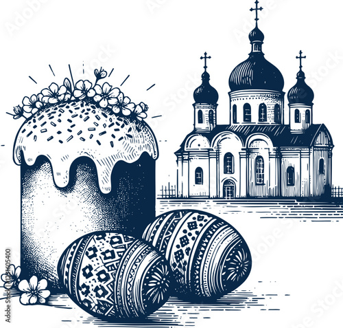 Vector stencil of traditional Easter kulich and eggs with a chapel