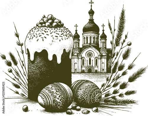 Vector vintage stencil of an Easter cake decorated eggs and a church