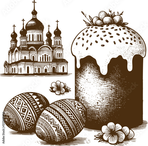 Vintage illustration of church and Easter symbols for decoration and design