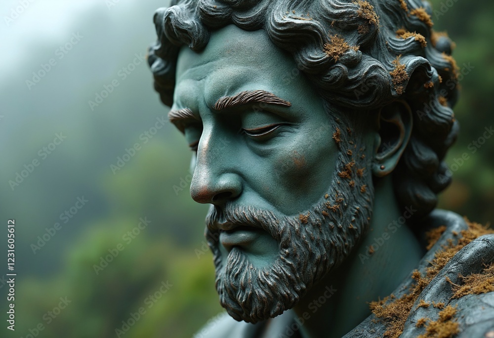 Sculpture of a man's face, the statue appears to be made of bronze and is weathered Sculpture of a man's face, the statue appears to be made of bronze and is weathered