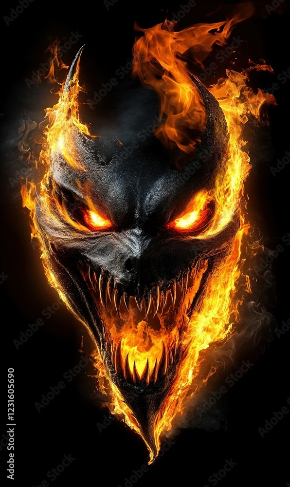 Fiery Demon Head Burning Skull Hellish Creature Infernal Face Fiery Demon Head Burning Skull Hellish Creature Infernal Face
