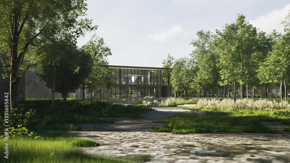 A serene landscape featuring a modern building surrounded by lush greenery and pathways. A serene landscape featuring a modern building surrounded by lush greenery and pathways.