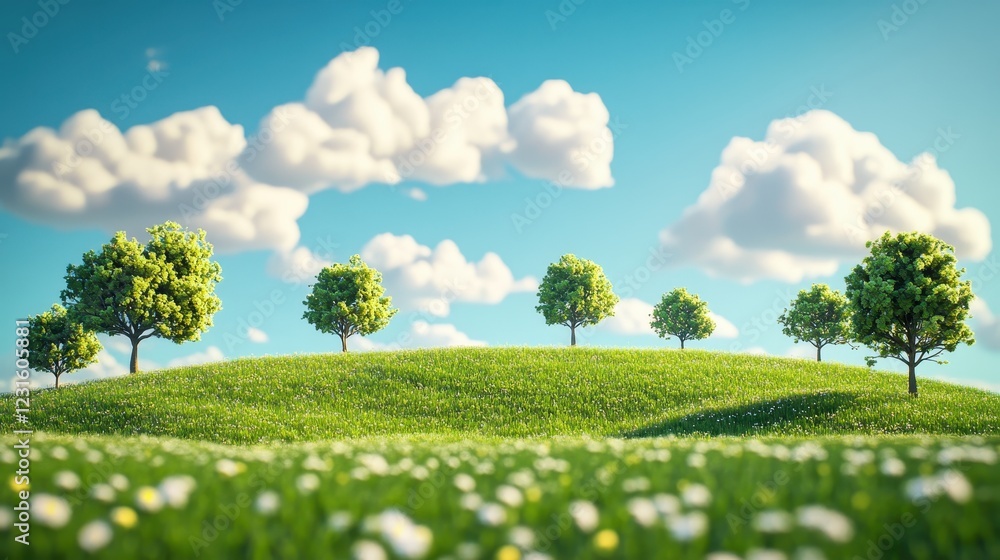 Fototapeta premium illustration of Summer fields landscape with a dawn,Rainbow, green grass hills, bright color blue sky, country background,banner resting vacation.