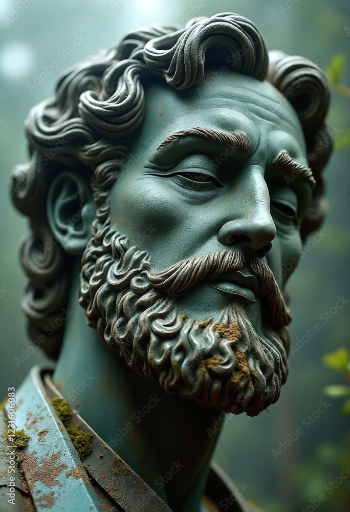 Sculpture of a man's face, the statue appears to be made of bronze and is weathered Sculpture of a man's face, the statue appears to be made of bronze and is weathered