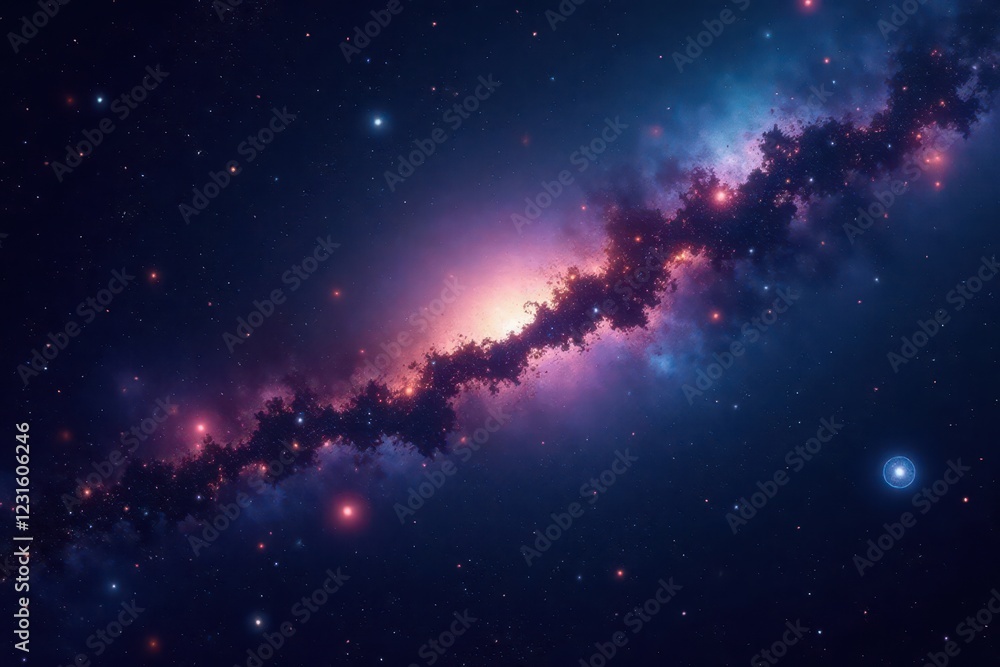 Naklejka premium Dark canvas with vibrant starry sky and twinkling celestial bodies against the blackness of space, space, night sky, galaxy