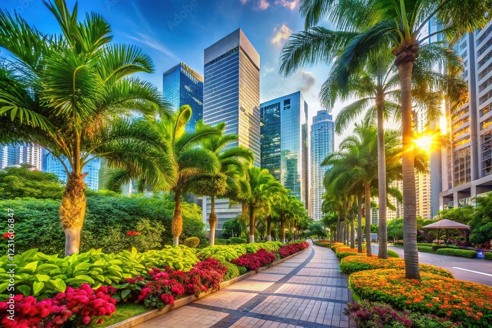 Fototapeta premium Tropical Urban Oasis - Lush Street Trees & Cityscape